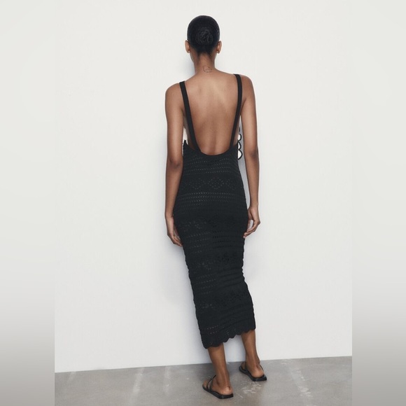 NWT ZARA Midi Dress Chenille Crochet Contrast Backless Low Open Back S B&W - Picture 4 of 16